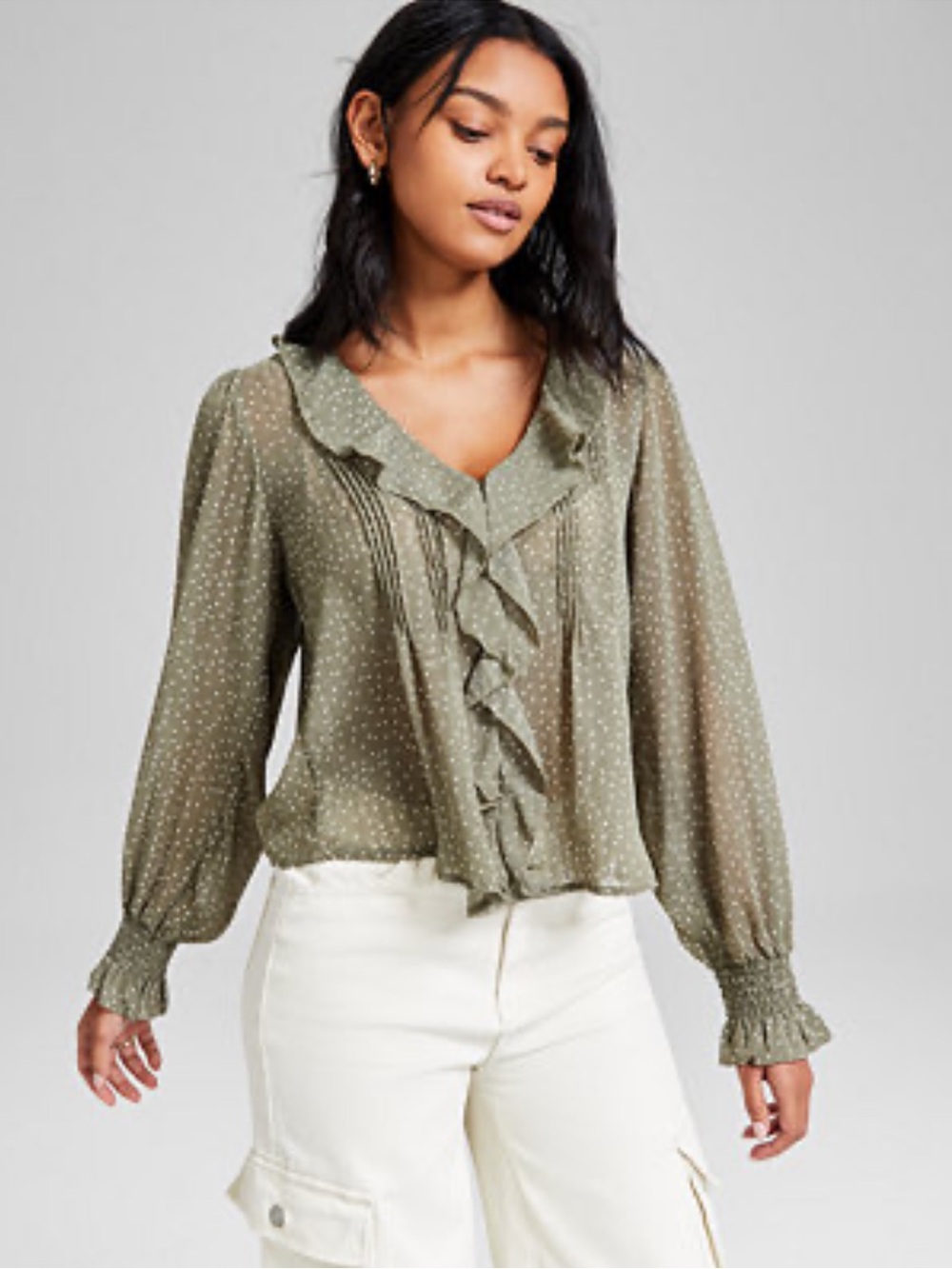 And Now This Green Polka Dot Ruffle Blouse Long Sleeve Sheer XL
